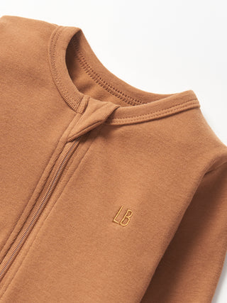 Little Bipsy 2-Way Zip Romper - Chestnut
Brown jacket with a logo on a white background