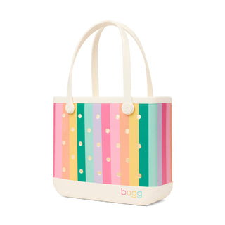 Baby Bogg® Bag - Liquid Sunshine - Color Burst
Colorful striped tote bag with polka dots on a white background