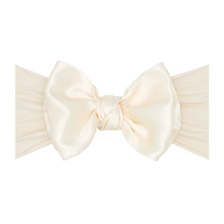Baby Bling satin FAB headband in oatmeal color, soft and stretchy fabric with a gentle knot detail for infants and toddlers.