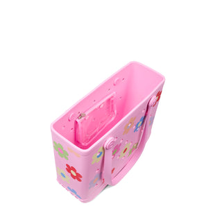 Baby Bogg® Bag - Spring Love: Happy Flowers 
Pink toy box with floral designs on a white background