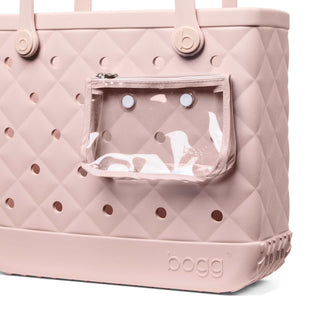 Baby Bougie Bogg® Bag - Quilted Rose Petal
Pink quilted bag with a clear pouch on a white background
