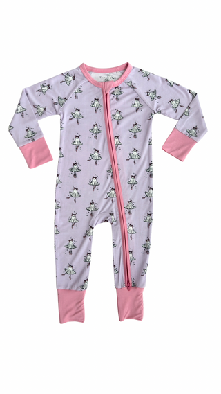 In My Jammers Ballerina Ghost Zipper RomperChildren's onesie with frog pattern and pink accents on a white background