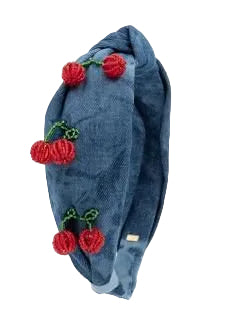 Bari Lynn 3D Cherry Charm Denim Knot Headband
Blue denim headband with red cherry decorations on a white background