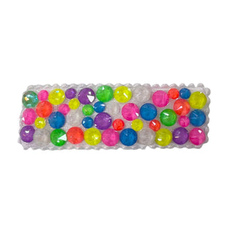 Bari Lynn neon rainbow Swarovski crystal snap clip with colorful, sparkling crystals on a hair bow, perfect for stylish hair accessories.