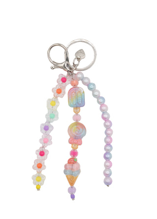 Bari Lynn Bag Charm - Sweets
A pastel-colored beaded keychain with a silver lobster clasp and key ring, featuring charms shaped like a popsicle, lollipop, and ice cream cone, alongside flower and pearl beads.