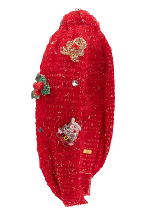 Bari Lynn Christmas sweater headband with festive Christmas charm and knotted design