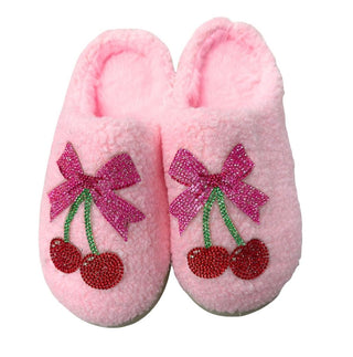 Bari Lynn Crystal Cherry Patch Slippers featuring cherry embroidery, soft fabric, and cozy slip-on design for comfortable indoor wear.
