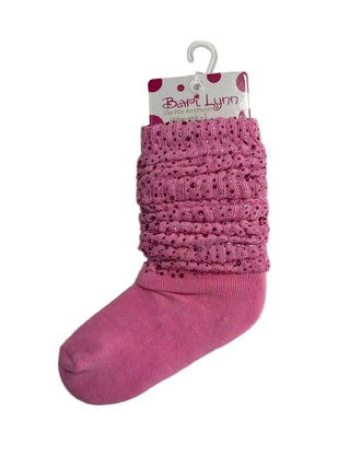Bari Lynn Crystalized Socks - Bubblegum Pink
A single pink knit sock with a textured, sparkly cuffed section, hanging from a white plastic hanger with a Bart Lynn brand card, set against a plain light gray background.