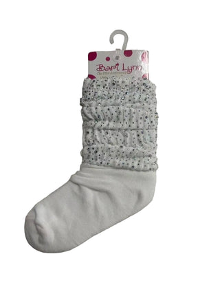 Bari Lynn Crystalized Socks - White
A single white knit baby sock with a textured, speckled gray and white leg cuff, shown on its retail hanger against a plain light gray background. The brand name 'Bert Lynn' is visible on the packaging.