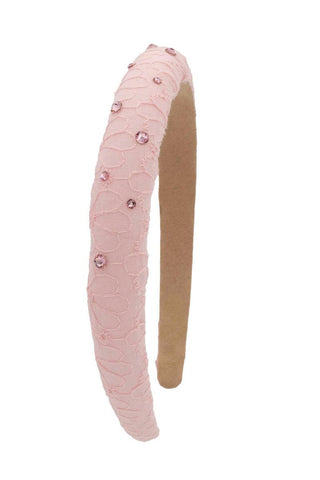 Pink Bari Lynn crystallized eyelet padded headband with a thin design, featuring eyelet details and a comfortable padded construction.