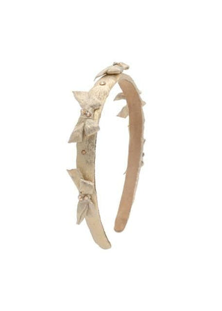 Bari Lynn Crystallized Metallic Bow Halo Headband - Gold
Beige headband with decorative bows on a white background