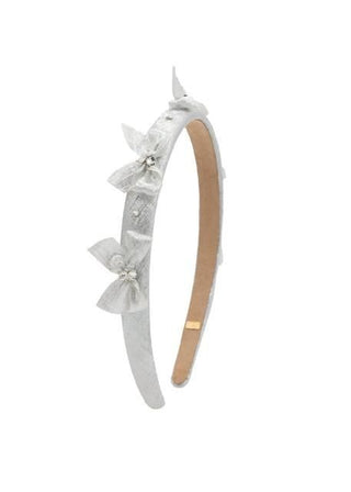 Bari Lynn Crystallized Metallic Bow Halo Headband - Silver
Decorative headband with floral details on a white background