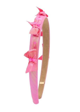Neon pink Bari Lynn crystallized shimmer bow halo thin headband with multi-colored embellishments and delicate design.