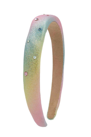 Bari Lynn Crystallized Thin Galaxy Headband - Pastel
Gradient headband with pink, blue, and gold colors on a white background