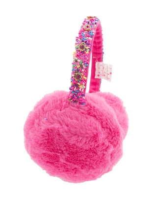 Bari Lynn fuchsia earmuffs with colorful rainbow sprinkles pattern