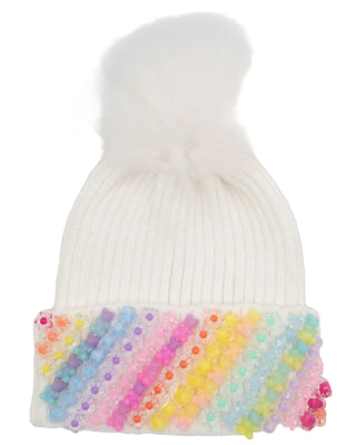Bari Lynn ivory cuff beanie with full charm embellishments and a fur pom top