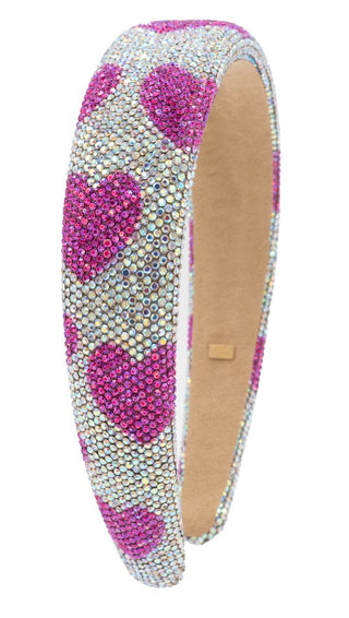 Bari Lynn Fully Crystalized Heart Headband - AB / Fuchsia
Decorative headband with pink heart patterns and clear stones on a white background