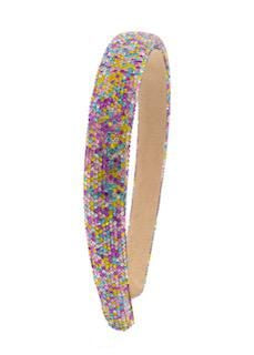 Bari Lynn fully crystalized thin headband with mixed pastel colors, featuring sparkling rhinestones and a sleek, elegant design.
