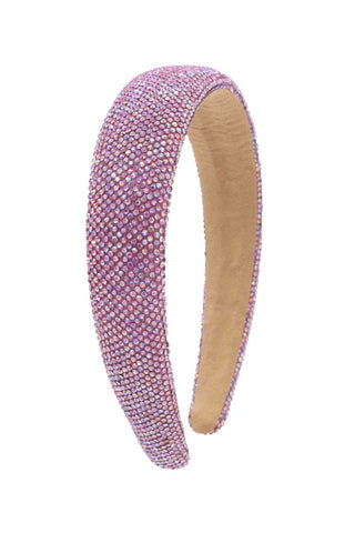 Bari Lynn Fully Crystalized Thin Headband - Pink AB
Pink beaded headband with beige interior on a white background