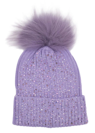 Bari Lynn lavender fully crystallized fur pom beanie hat
