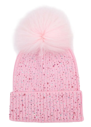 Bari Lynn fully crystallized pink fur pom beanie hat against a plain background