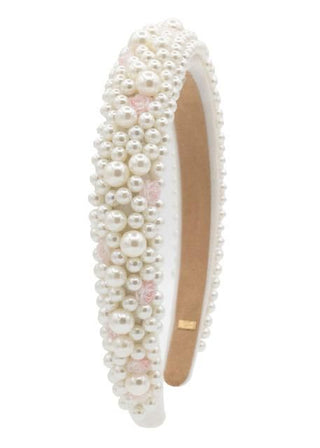 Bari Lynn fully pearl headband with decorative roses, elegant hair accessory featuring pearl details and floral accents.
