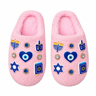 Bari Lynn Hanukkah charm slippers with festive blue and white design