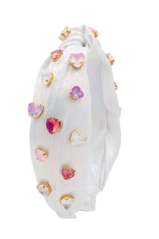 Bari Lynn Jeweled Heart Knot Headband - White
White headband with colorful embellishments on a white background