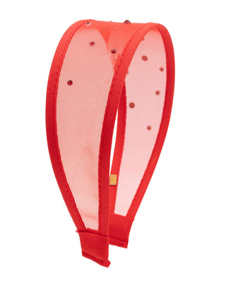 Bari Lynn Mesh Headband - Red
A red mesh headband with red fabric trim and small red decorative dots, shown on a plain white background.