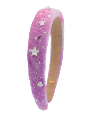 Pink and purple Bari Lynn plush headband with a star charm and crystallized details, perfect for a fun and stylish accessory.