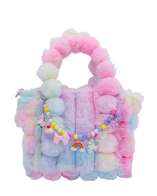 Bari Lynn small faux fur tote bag in pastel rainbow colors, soft texture, and compact design for stylish everyday use.