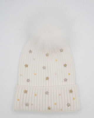 Bari Lynn ivory fur pom beanie hat with small multi-star charms