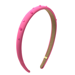 Bari Lynn neon pink satin headband with Swarovski crystals, thin and stylish accessory for vibrant fashion statements.