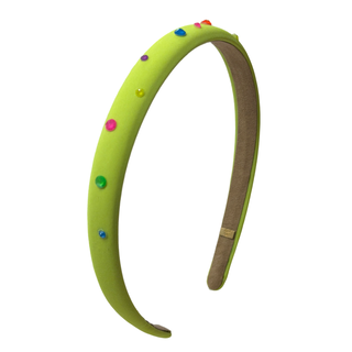 Bari Lynn neon yellow satin headband with thin design and Swarovski crystal embellishments for a stylish look.