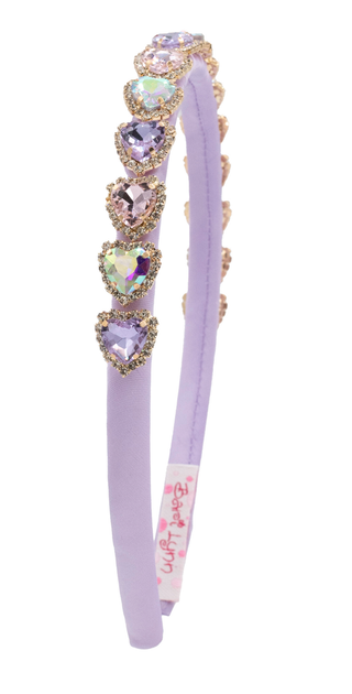 Bari Lynn Thin Satin Jewel Heart Headband - Lavender
Lavender headband with gemstone accents on a white background