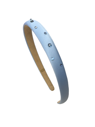 Blue Bari Lynn thin headband with Swarovski crystals and satin finish, elegant accessory for special occasions.