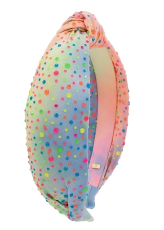 Bari Lynn neon tie-dye tulle headband with jeweled knot detail, vibrant and stylish accessory for hair.