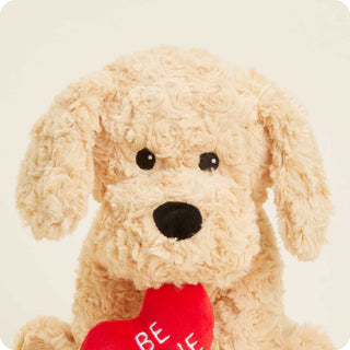 Be Mine Golden Dog Warmies
Beige stuffed dog with a red heart that says 'BE LOVE' on a beige background
