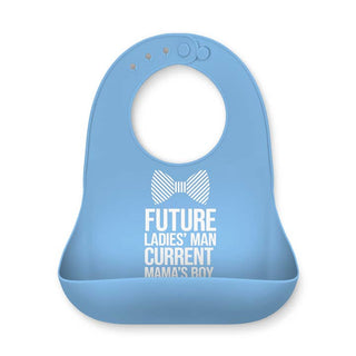 Bella Tunno Wonder Bib - Future Ladies Man
A light blue silicone baby bib with a white printed graphic that reads 'FUTURE LADIES' MAN CURRENT MAMA'S BOY' with a bow tie illustration, shown on a plain white background.
