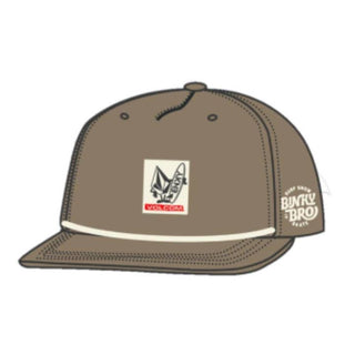 BinkyBro Bnky X Volcom Sesh Kids Hat
A flat-brim baseball cap in a muted taupe-brown color, featuring a white rectangular patch on the front with a black graphic and red text, and white text on the side reading 'BUNKY BROTHERS'.