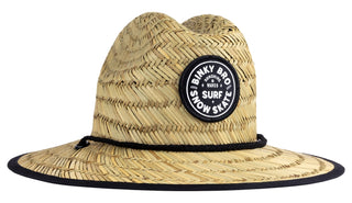 BinkyBro Kids Sun Hat Barney Patrol - Surf. Snow. Skate
Straw hat with a black and white logo on a white background