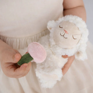 Olli Ella Binky Lamb - May
Child holding a soft toy resembling a sheep with a pink flower.