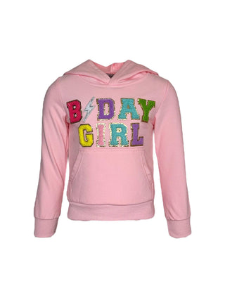 Lola and The Boys Birthday Girl Hoodie
Pink hoodie with 'B'DAY GIRL' text in colorful letters on a white background