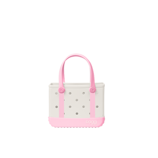 Bitty Bogg® Bag - Varsity Hues: Blowing Pink Bubbles
Small tote bag with pink handles and trim on a white background