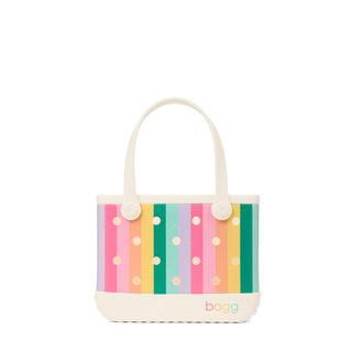 Bitty Bogg® Bag - Liquid Sunshine - Color Burst
Colorful striped tote bag with polka dots on a white background