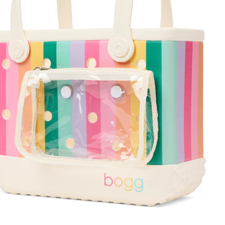 Bitty Bogg® Bag - Liquid Sunshine - Color Burst
Colorful striped bag with a clear pouch featuring polka dots, branded 'bogg'.