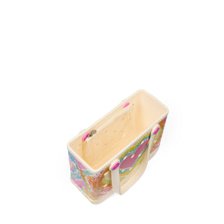 Bitty Bogg® Bag - Liquid Sunshine - Taffy 
Colorful wooden toy box with floral pattern on a white background