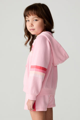 Chaser Multi Stripes Girls Zip Up
Young girl wearing a pink outfit with colorful stripes on a light gray background