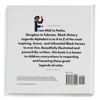 Black History Legends Alphabet Hardcover Book
Back cover of a book titled 'Black History Legends Alphabet' with text and a character illustration.