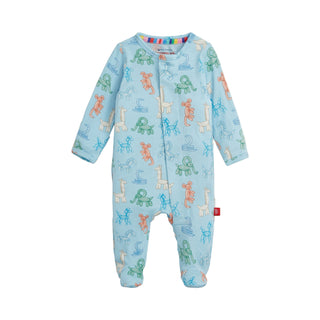 Magnetic Me Blue Party Animals Glow Dark Modal Footie
Baby onesie with animal pattern on a white background